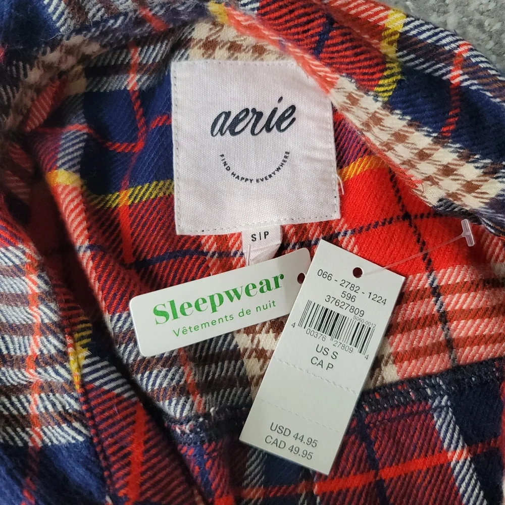 Aerie Plaid Flannel Pajama Sleep Shirt Size Small In Red/Blue Plaid NWT
